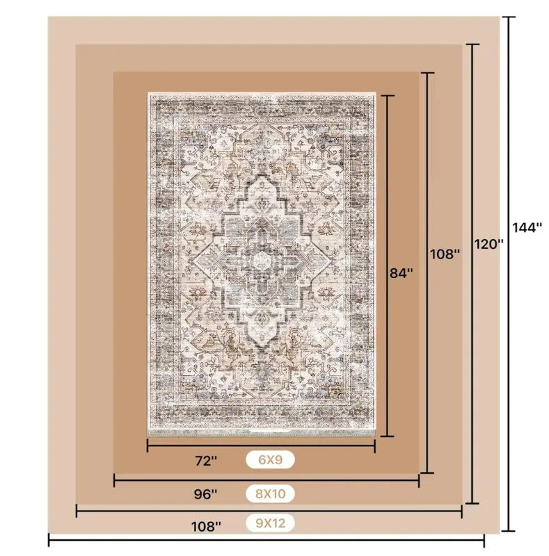 Boho Washable Area Rug - Non Slip Low Pile Machine Washable Carpet for Living Room Bedroom Nursery