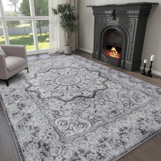 Boho Washable Area Rug - Non Slip Low Pile Machine Washable Carpet for Living Room Bedroom Nursery