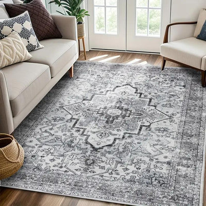 Boho Washable Area Rug - Non Slip Low Pile Machine Washable Carpet for Living Room Bedroom Nursery