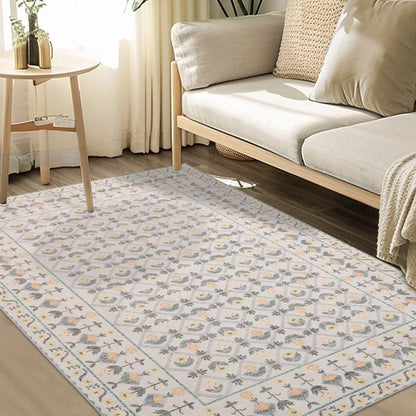 Boho Washable Area Rug - Non Slip Low Pile Machine Washable Carpet for Living Room Bedroom Nursery
