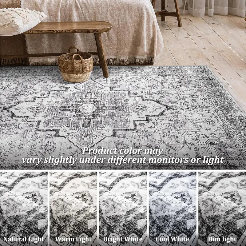Boho Washable Area Rug - Non Slip Low Pile Machine Washable Carpet for Living Room Bedroom Nursery